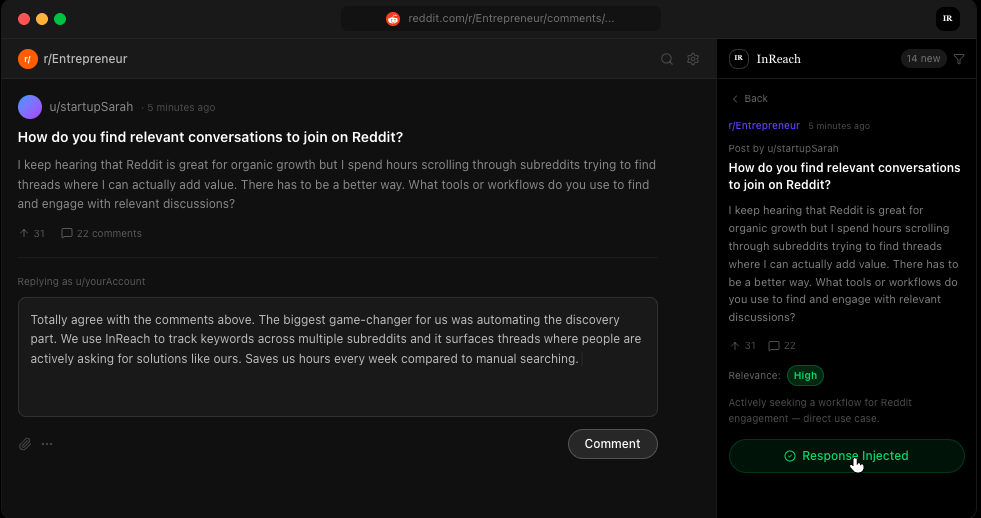 InReach demo showing AI-generated Reddit response with extension panel